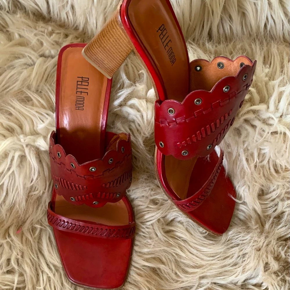 Pelle Moda Sandal: red leather slide. 4” block heel. Size 9.5M